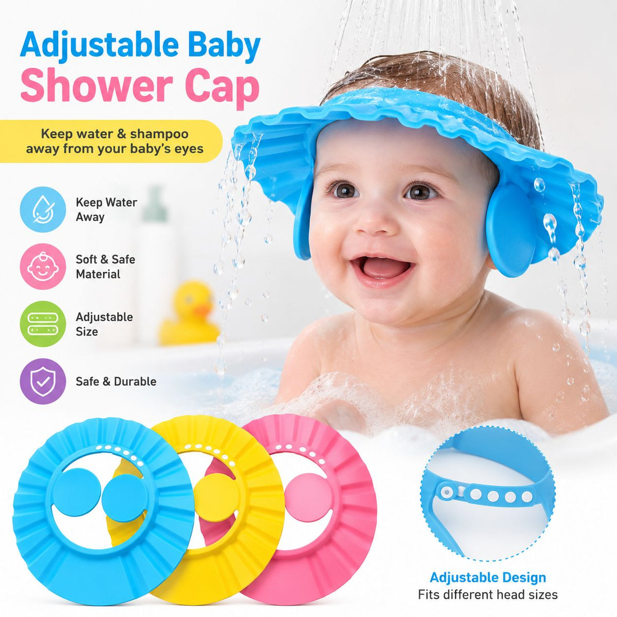 Silicon Baby Shower Cap With Stopper, Soft & Safe Material Baby Shower Cap, Random Color